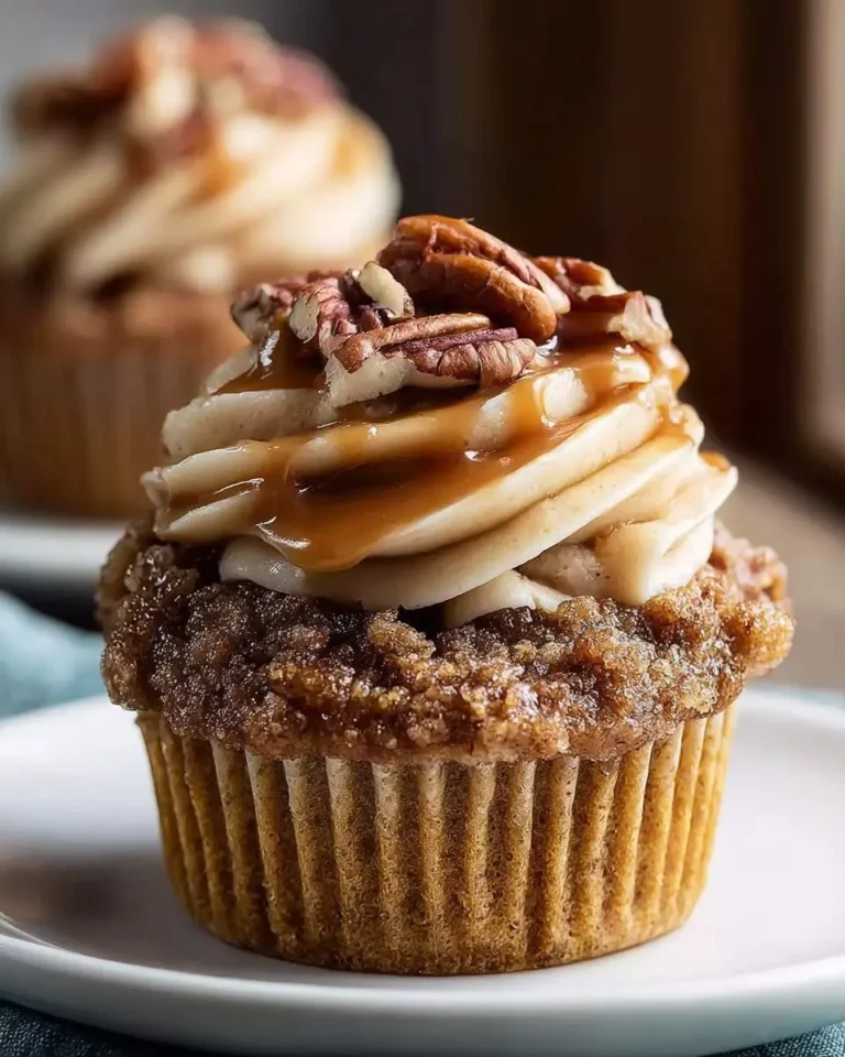 A pecan pie cupcake topped with caramel drizzle and chopped pecans sits on a white plate.