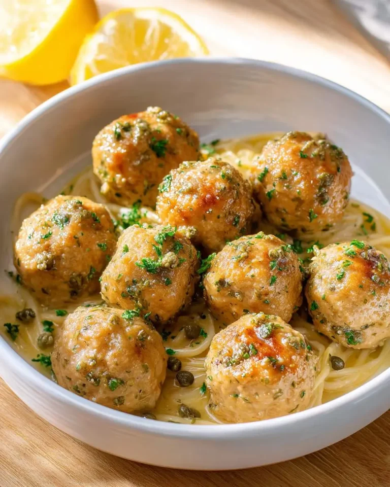 Golden brown Piccata Meatballs served over spaghetti in a creamy lemon caper sauce, garnished with fresh parsley.