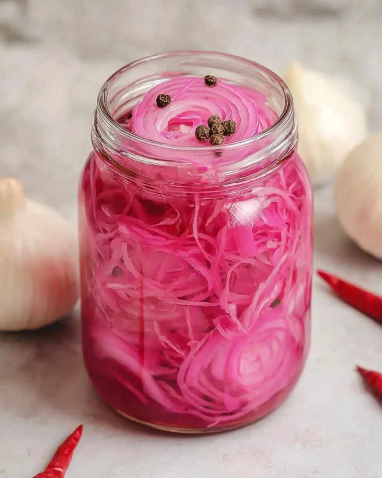 A glass jar filled with vibrant pink pickled red onions topped with black peppercorns, surrounded by garlic and chili peppers.