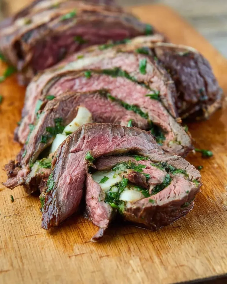 Sliced pinwheel flank steak stuffed with herbs and cheese arranged on a wooden cutting board.