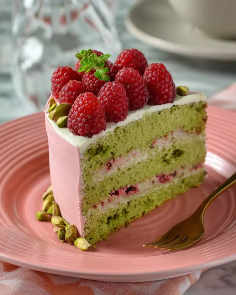 A slice of Pistachio Raspberry Cake with green sponge layers, pink frosting, fresh raspberries, and pistachios on a pink plate.