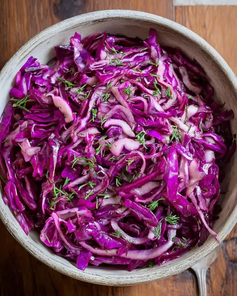 A rustic bowl filled with vibrant purple cabbage recipe salad, garnished with fresh dill on a wooden surface.