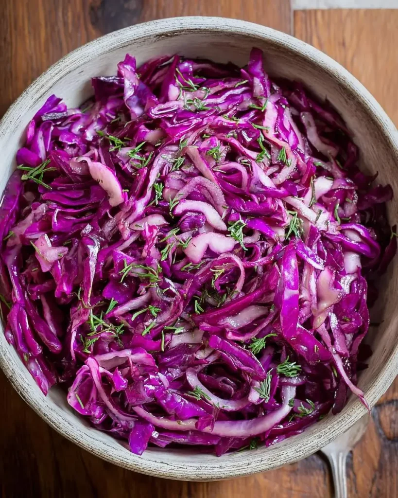 A rustic bowl filled with vibrant purple cabbage recipe salad, garnished with fresh dill on a wooden surface.