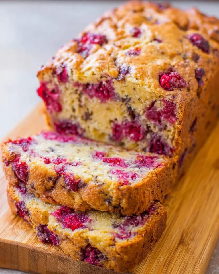 A freshly baked loaf of raspberry bread with two slices cut and stacked on a wooden cutting board.
