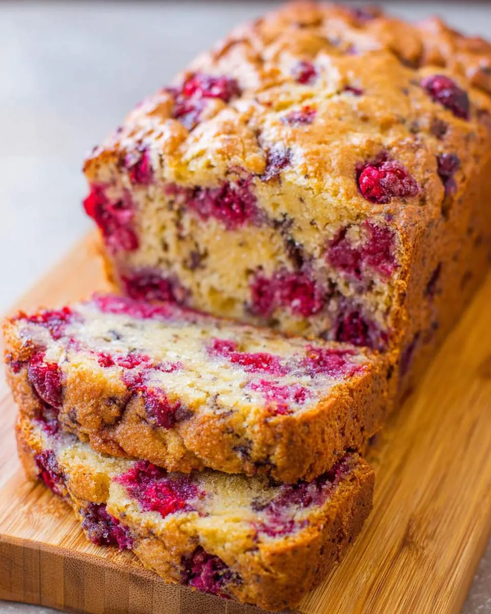 A freshly baked loaf of raspberry bread with two slices cut and stacked on a wooden cutting board.