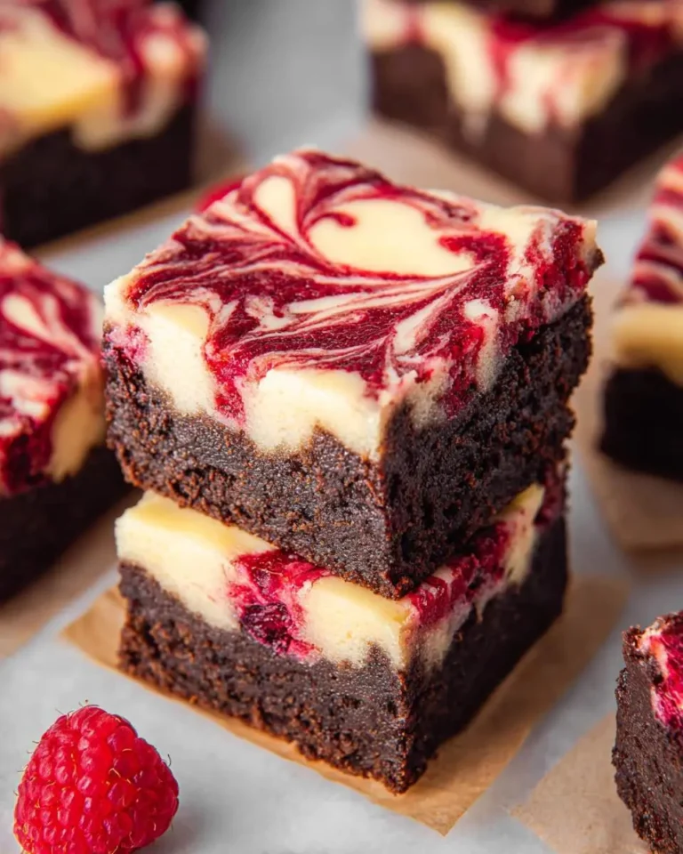 Two Raspberry Cheesecake Brownies stacked on parchment paper with a fresh raspberry nearby.