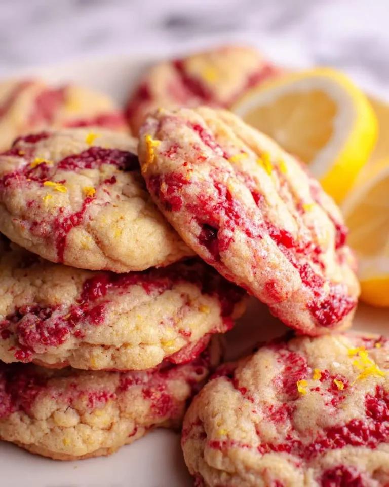 Stack of soft Raspberry Lemon Cookies with fresh lemon slices in the background.
