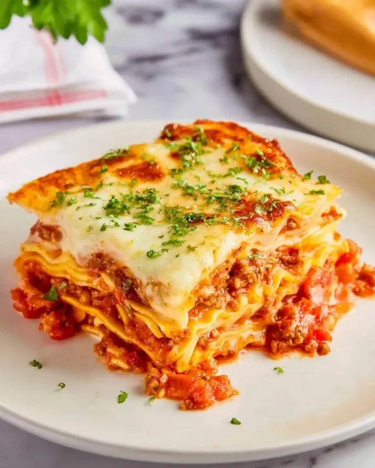 A slice of Ravioli Lasagna on a white plate, topped with melted cheese and fresh herbs.