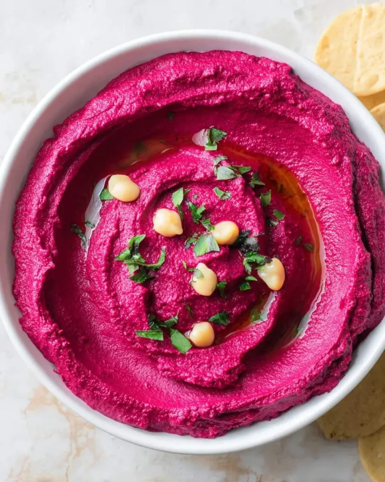 Creamy Red Beet Hummus swirled in a white bowl, topped with chickpeas, fresh herbs, and olive oil.