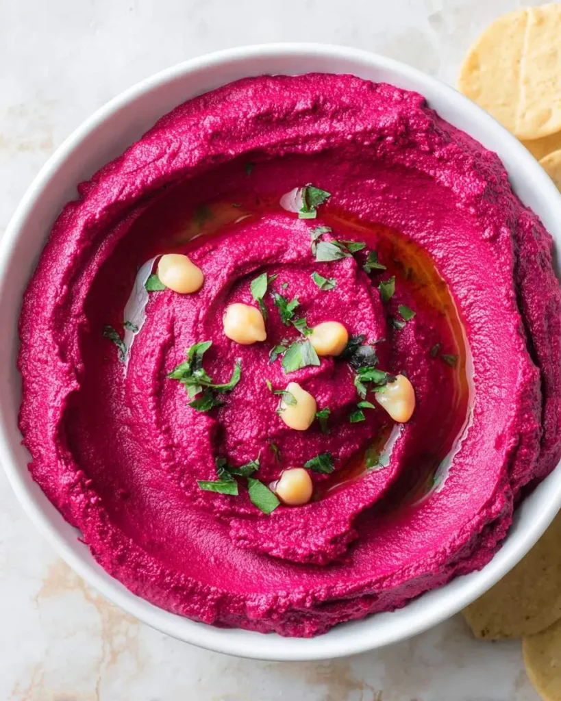 Creamy Red Beet Hummus swirled in a white bowl, topped with chickpeas, fresh herbs, and olive oil.