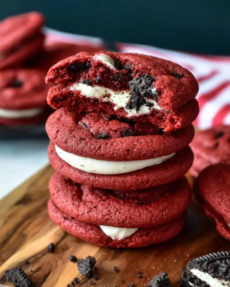 Stack of red velvet oreo cookies with cream filling and cookie crumbles on a wooden board.