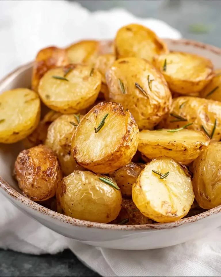 Golden crispy Roasted Baby Potatoes in a ceramic bowl, garnished with fresh rosemary sprigs.