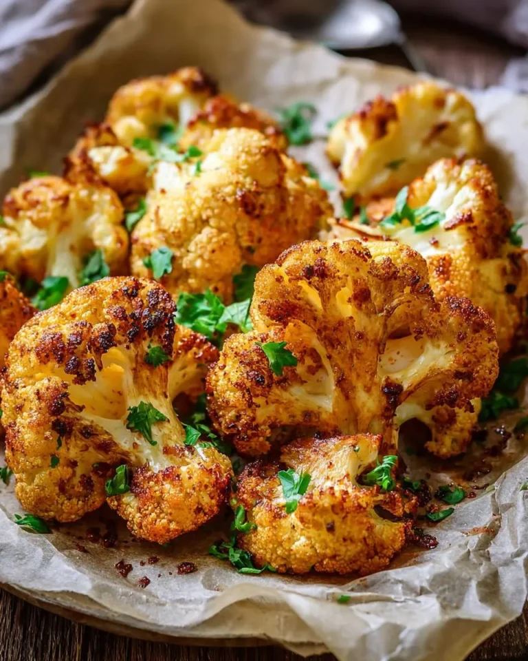 Golden brown roasted cauliflower oven baked to crispy perfection, garnished with fresh herbs on parchment paper.
