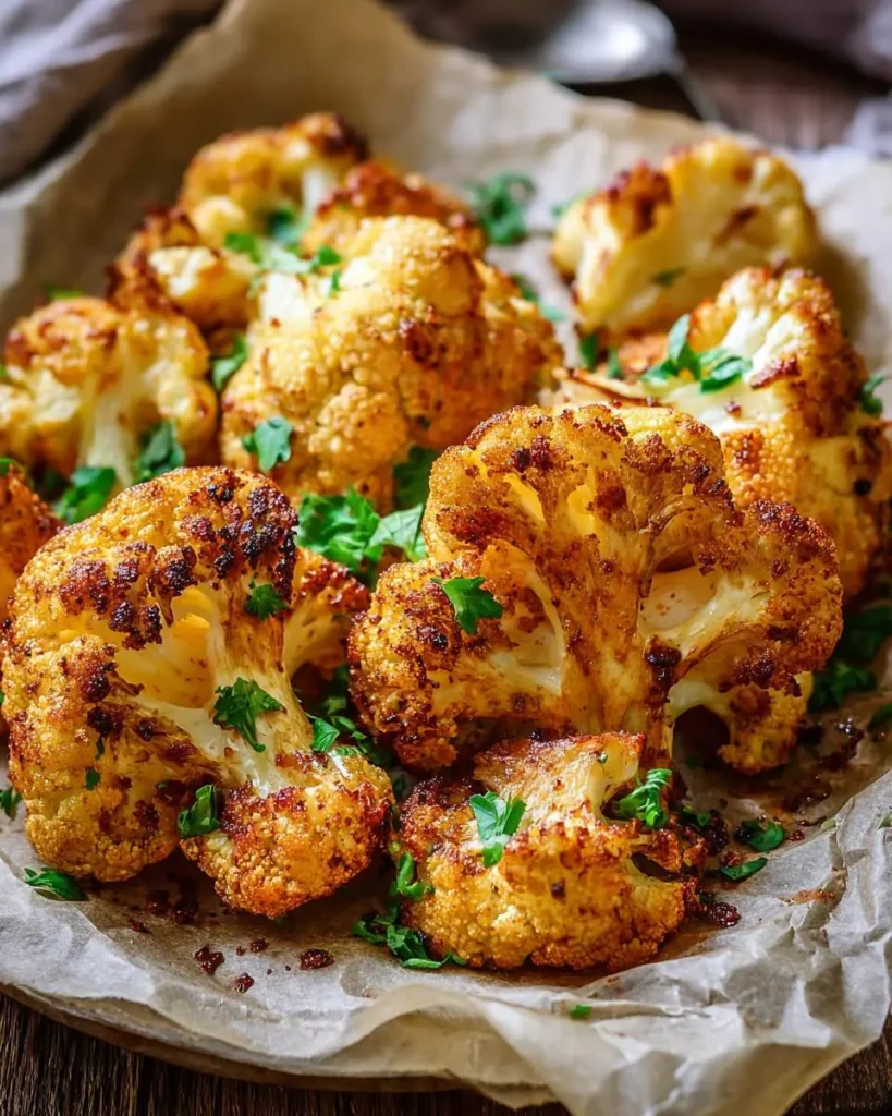 Golden brown roasted cauliflower oven baked to crispy perfection, garnished with fresh herbs on parchment paper.