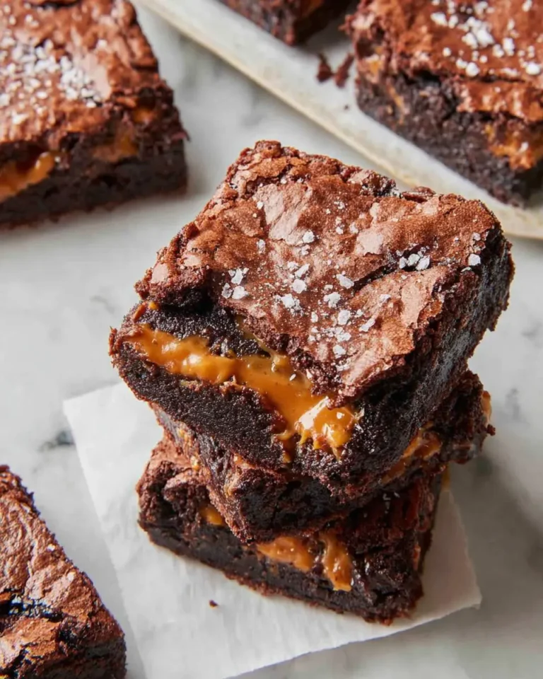 Two fudgy salted caramel brownies stacked on parchment paper, topped with flaky sea salt and oozing caramel.
