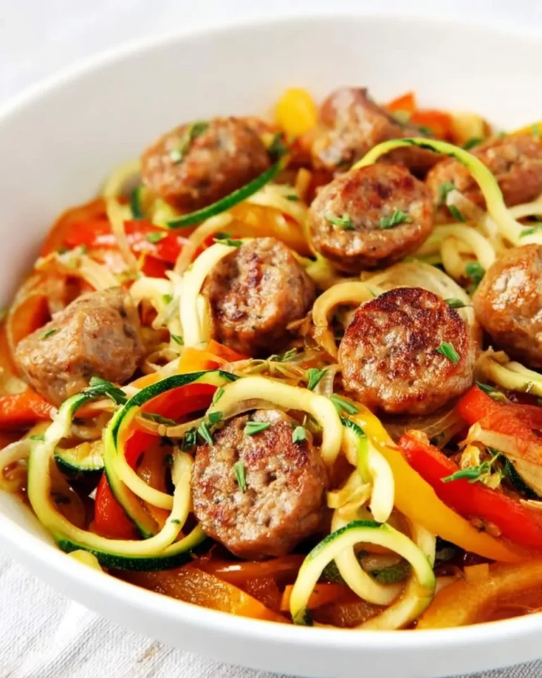 Sausage and Peppers with Zucchini Noodles served in a white bowl, featuring colorful bell peppers and fresh herbs.