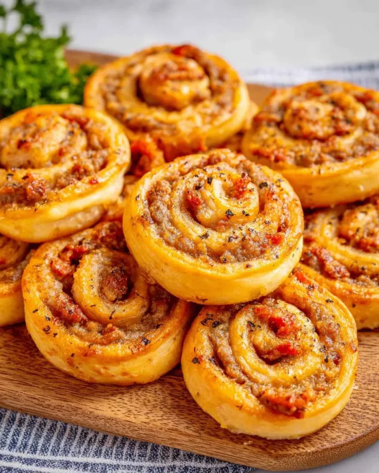 Golden baked sausage pinwheels stacked on a wooden board, showing flaky pastry spirals filled with seasoned sausage and herbs.