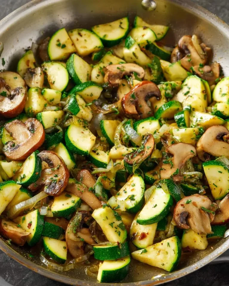Sauteed zucchini mushrooms and onions in a skillet with fresh herbs and seasonings.