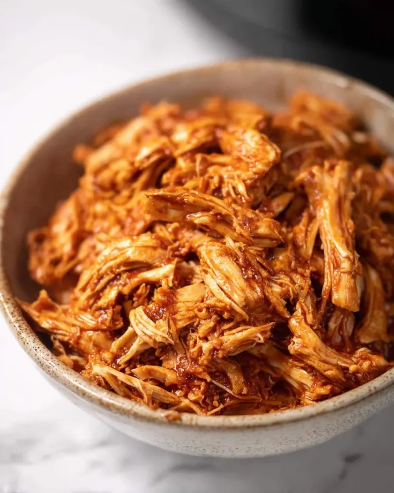 A bowl of tender shredded BBQ chicken crockpot style, coated in rich, smoky sauce.
