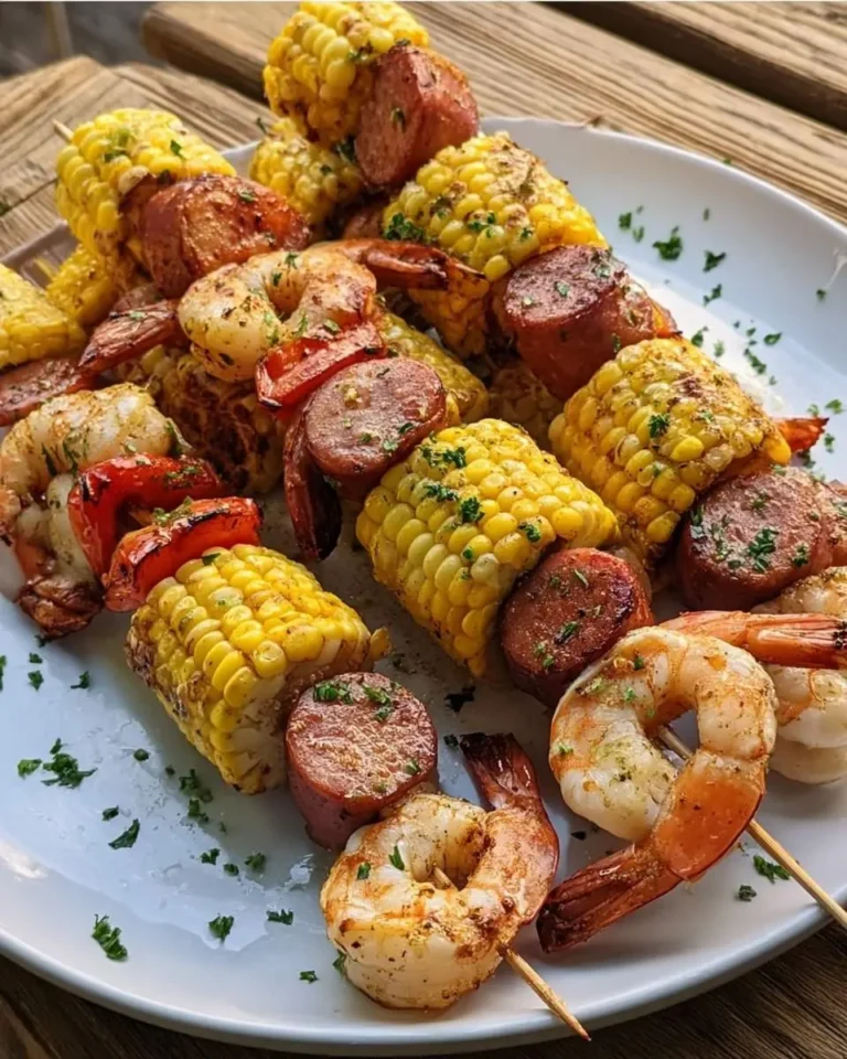 Grilled Shrimp Boil Skewers with Corn, Sausage and Potatoes on a white plate garnished with fresh herbs.