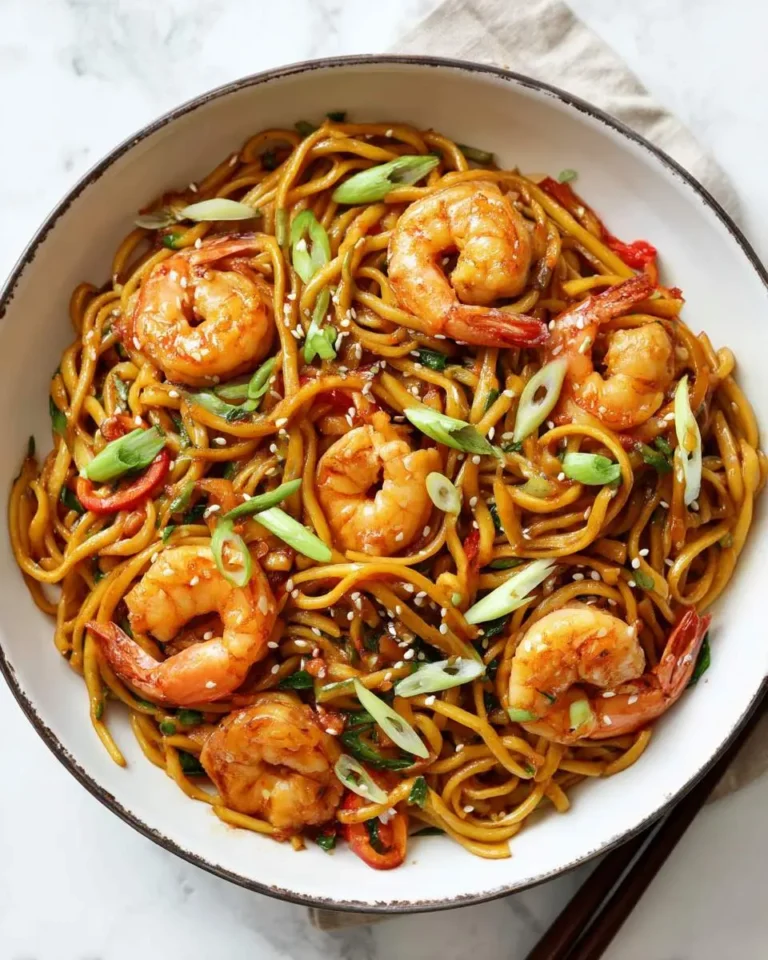A bowl of Shrimp Lo Mein with stir-fried noodles, plump shrimp, green onions, and sesame seeds.
