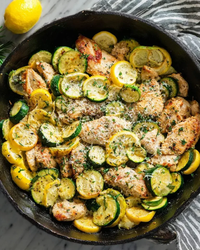 Skillet Lemon Parmesan Chicken Zucchini and Squash in a cast iron pan with fresh herbs and lemon slices.