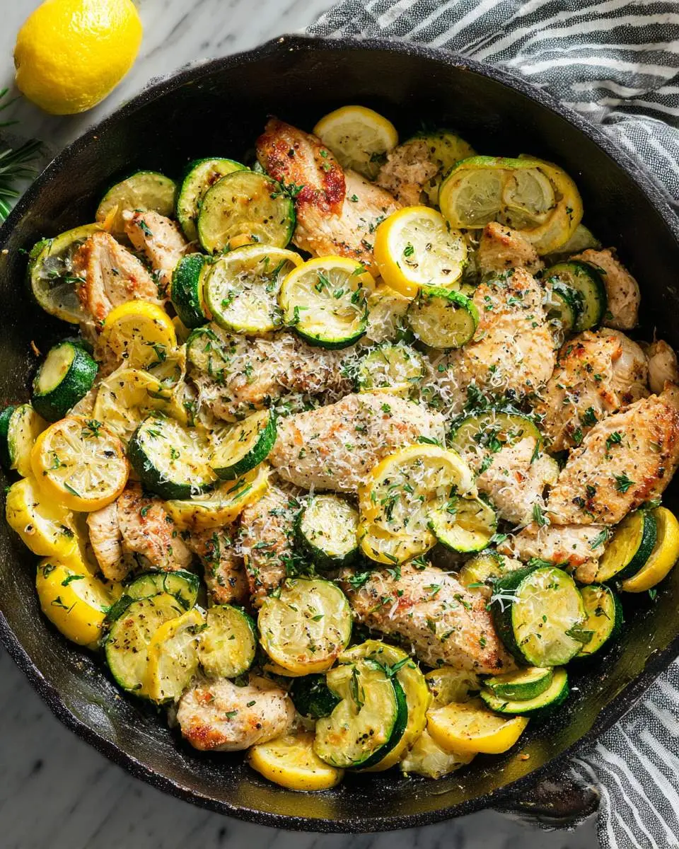 Skillet Lemon Parmesan Chicken Zucchini and Squash in a cast iron pan with fresh herbs and lemon slices.