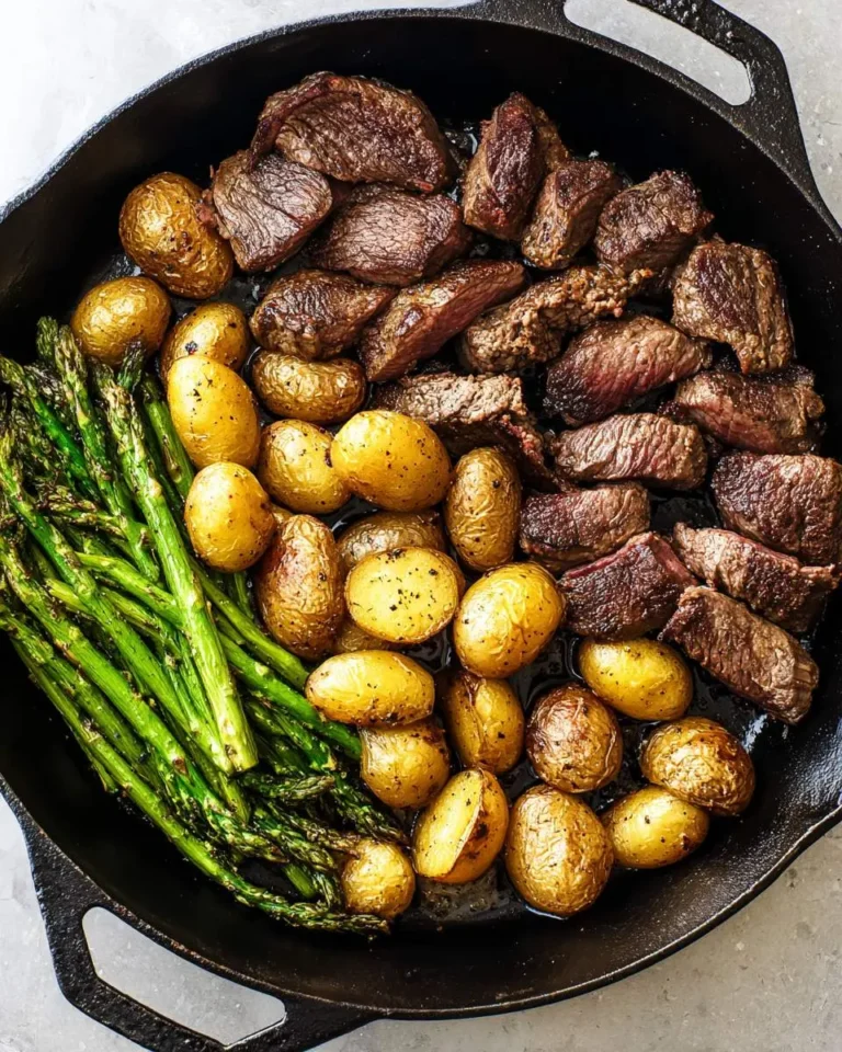 Skillet Steak with Asparagus and Potatoes cooked in a cast iron pan with golden baby potatoes and green asparagus spears.