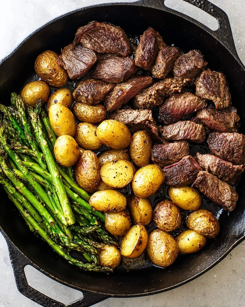 Skillet Steak with Asparagus and Potatoes cooked in a cast iron pan with golden baby potatoes and green asparagus spears.