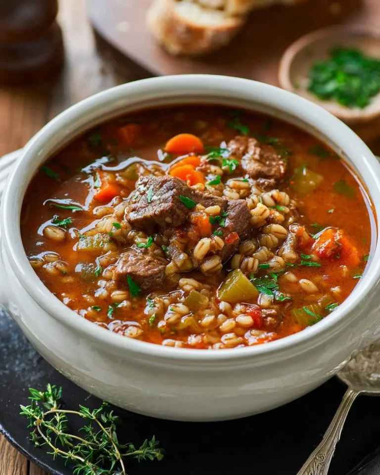 Hearty Slow Cooker Beef and Barley Soup with tender chunks of beef, vegetables, and grains in a rich broth, garnished with fresh herbs.