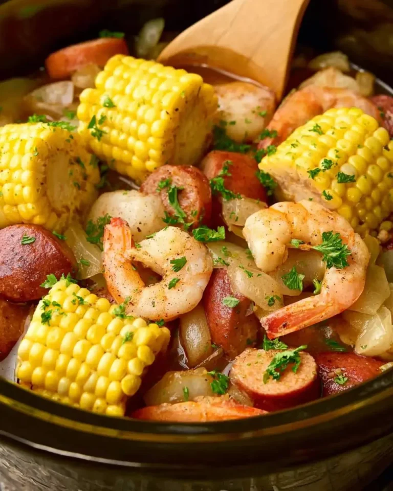 A close-up of a Slow Cooker Shrimp Boil featuring shrimp, corn on the cob, sausage, and potatoes in a pot with a wooden spoon.