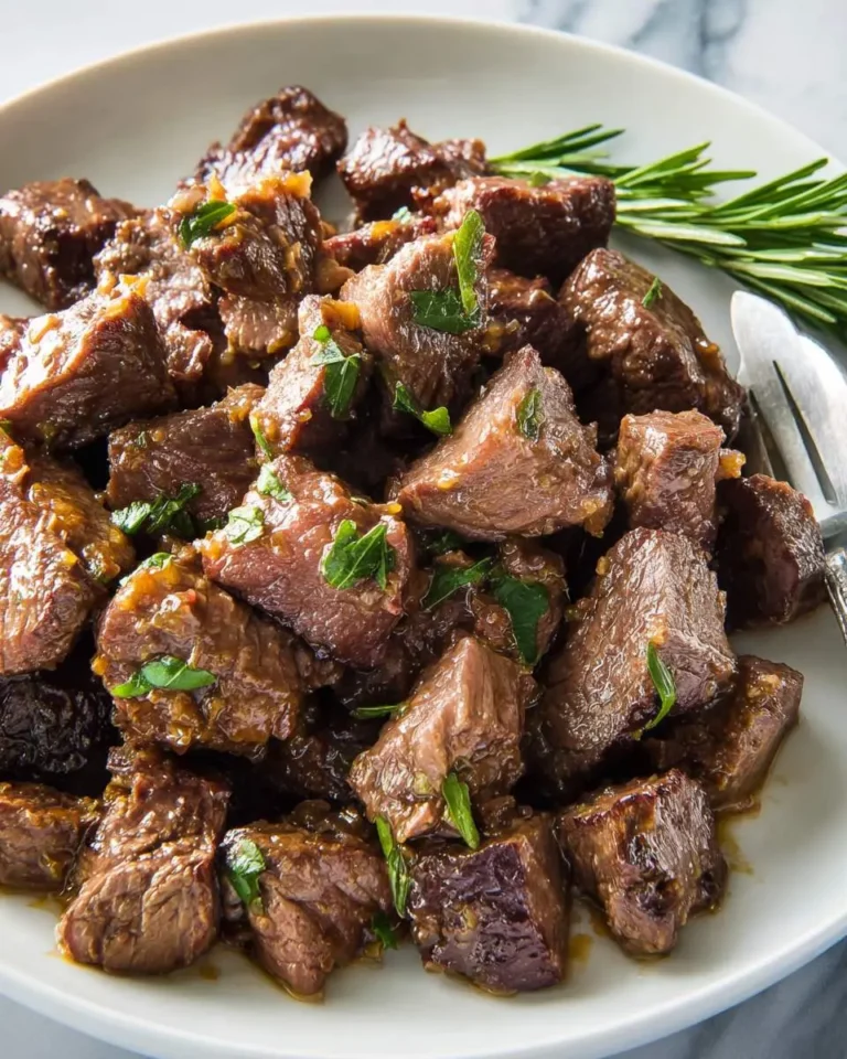 Tender Slow Cooker Steak Bites garnished with fresh herbs served on a white plate with rosemary sprigs.