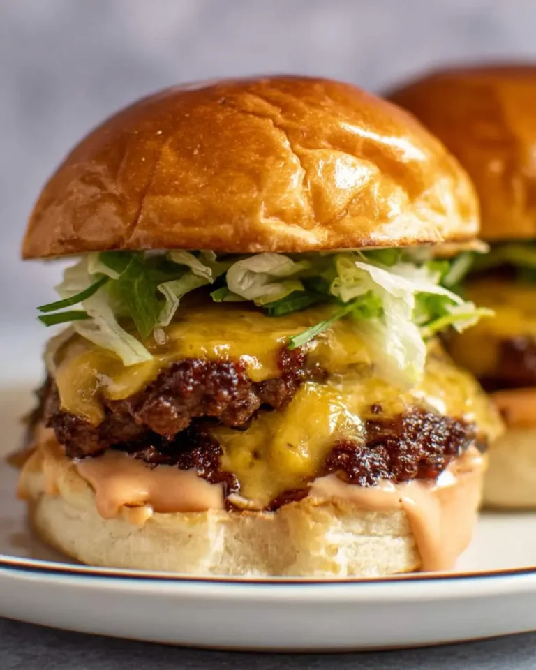 A juicy double smash burger with melted cheese, lettuce, and house sauce on a toasted brioche bun.