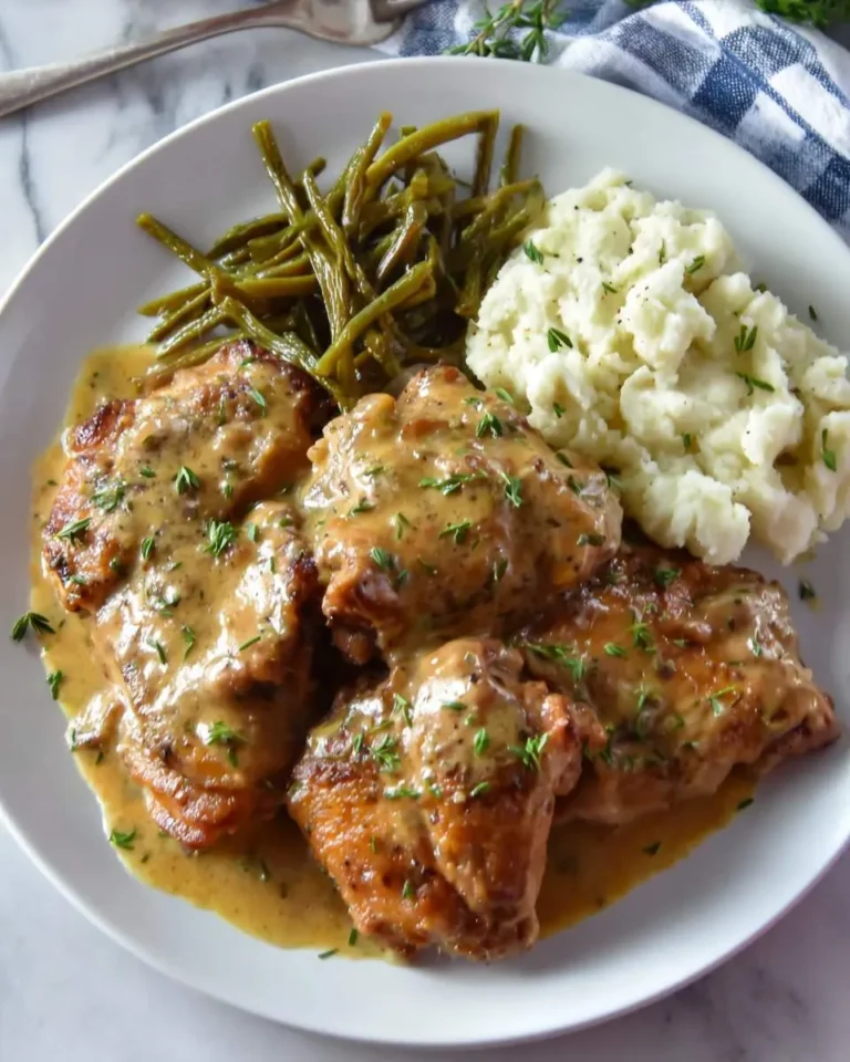 A white plate with Smothered Chicken Thighs in creamy gravy, served with mashed potatoes and green beans.