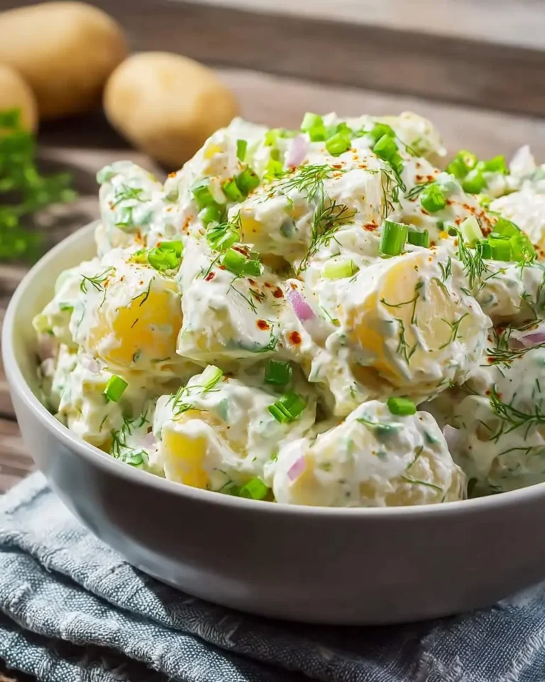 A creamy bowl of Sour Cream and Onion Potato Salad topped with fresh dill, green onions, and paprika.
