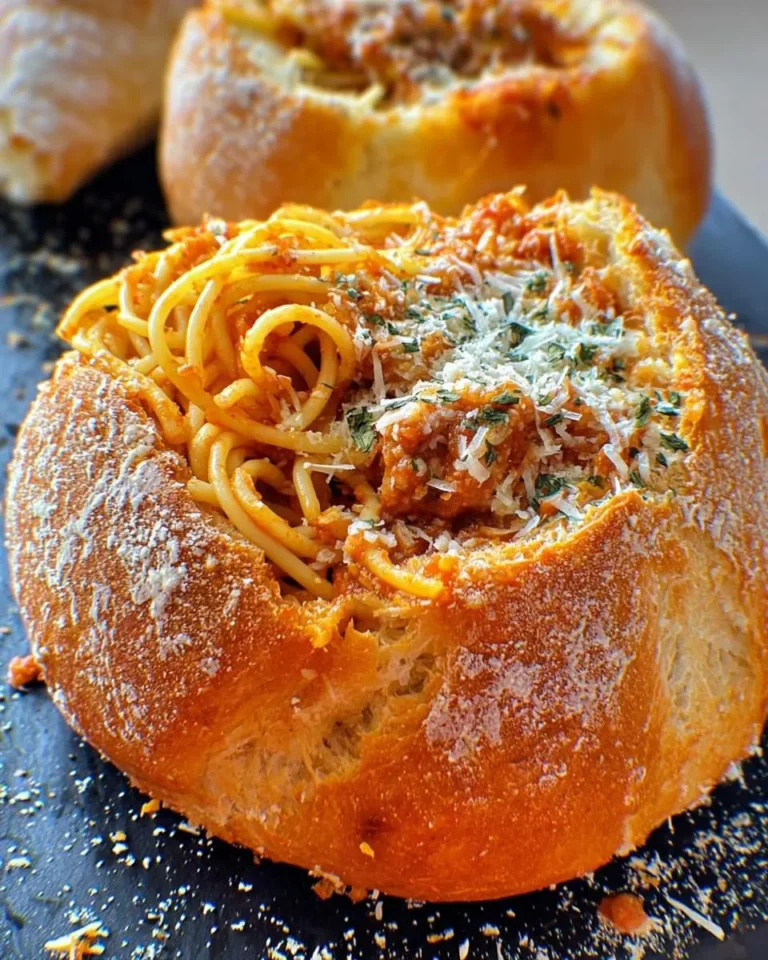 Spaghetti garlic bread bowls filled with pasta, meat sauce, and topped with parmesan and herbs.