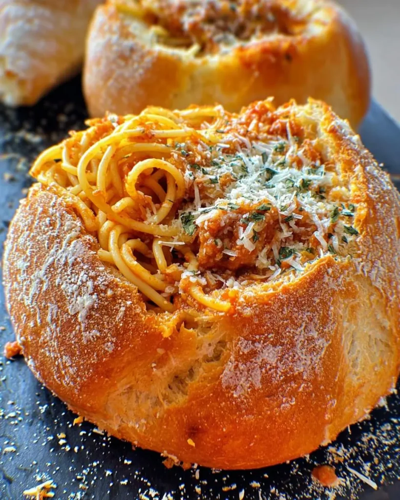Spaghetti garlic bread bowls filled with pasta, meat sauce, and topped with parmesan and herbs.
