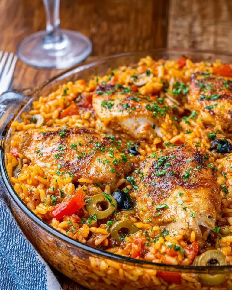 Spanish Chicken and Rice baked in a glass dish with olives, peppers, and fresh herbs.