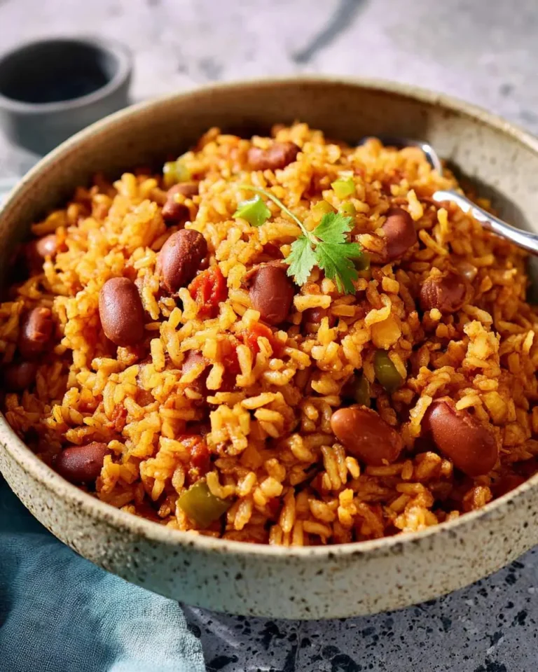 A rustic bowl filled with Spanish rice and beans garnished with fresh cilantro, featuring kidney beans and colorful vegetables.