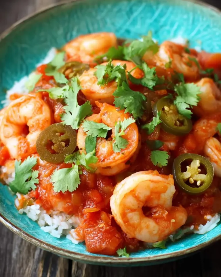 Spicy Shrimp Veracruz served over white rice in a turquoise bowl, topped with cilantro and sliced jalapeños.