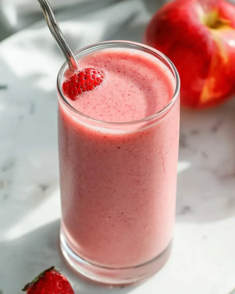 A tall glass of strawberry apple smoothie with a metal straw and fresh strawberry garnish on a marble surface.