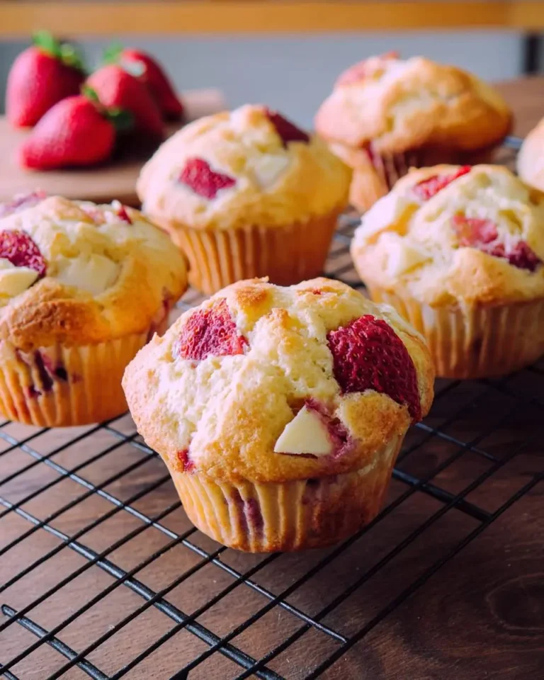 Freshly baked Strawberry Cream Cheese Muffins cooling on a wire rack with strawberries in the background.