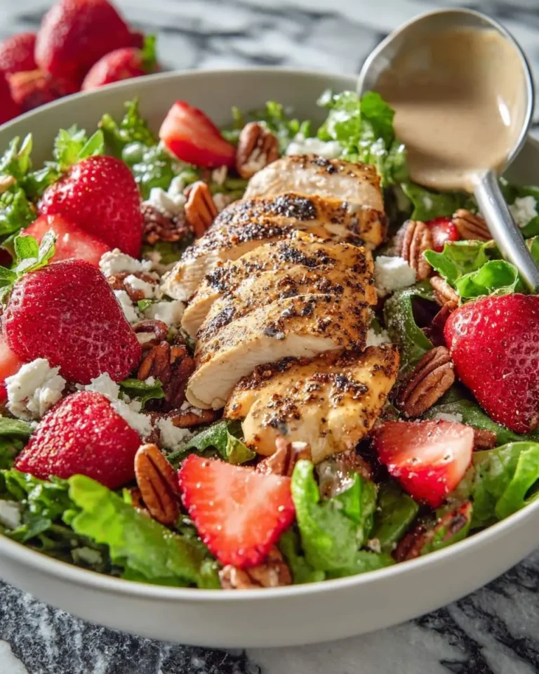 A fresh Strawberry Pecan Grilled Chicken Salad with sliced chicken, strawberries, pecans, feta, and greens in a white bowl with dressing.