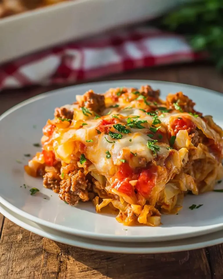 A serving of stuffed cabbage casserole topped with melted cheese and fresh herbs on a white plate.
