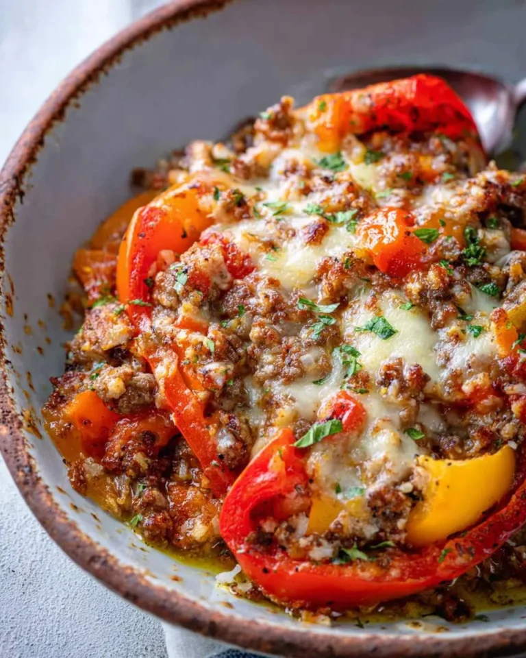 A close-up of Stuffed Pepper Casserole with melted cheese, ground meat, and colorful bell peppers in a rustic baking dish.