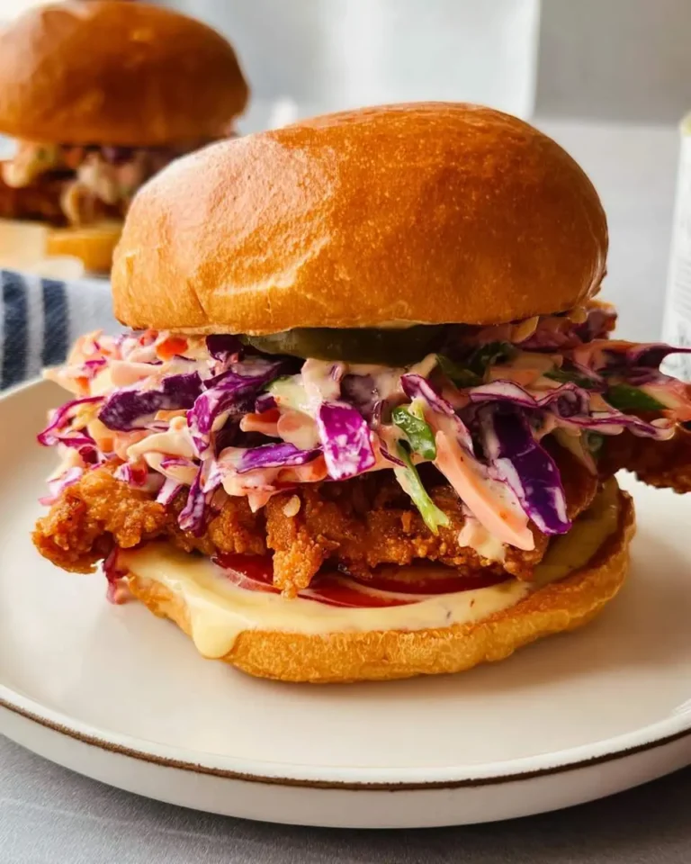 A crispy Summertime Fried Chicken Sandwich with Tangy Slaw on a brioche bun, topped with creamy purple cabbage slaw and pickles.