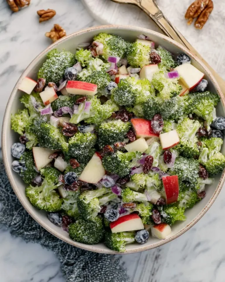 A bowl of Sweet Apple Broccoli Salad with fresh broccoli, red apple chunks, blueberries, dried cranberries, pecans, and creamy dressing.