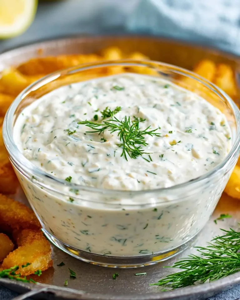 Creamy homemade tartar sauce garnished with fresh dill in a glass bowl, served with crispy golden fries.