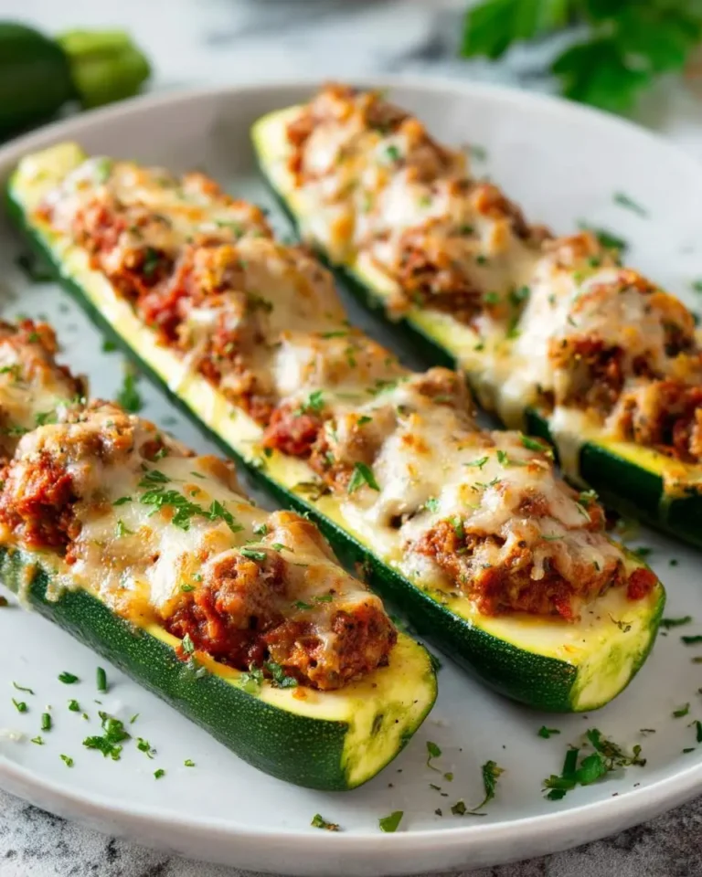 Three baked vegetarian stuffed zucchini boats topped with melted cheese and fresh herbs on a white plate.