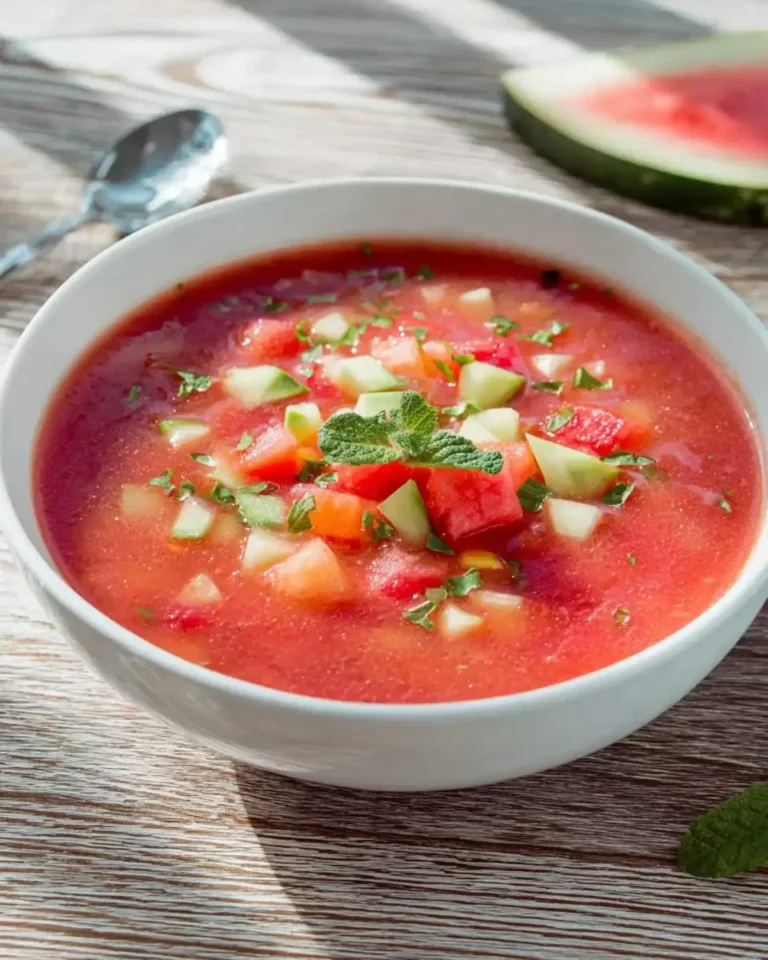 A bowl of refreshing Watermelon Gazpacho topped with diced cucumber, watermelon chunks, and fresh mint on a wooden table.